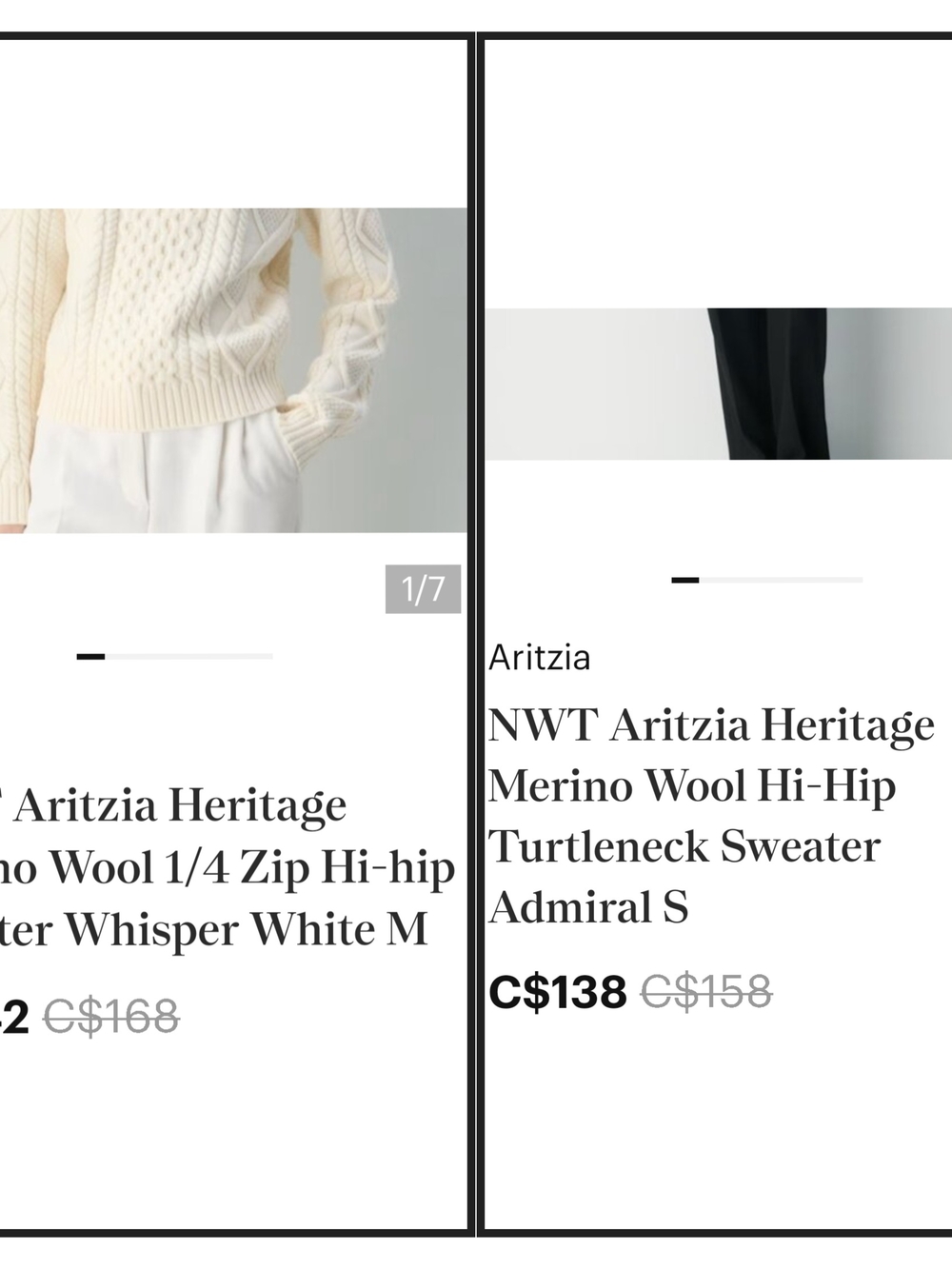 RESERVED for Rebecca2144 Lot of 2 Aritzia Heritage Cable Knit Sweaters